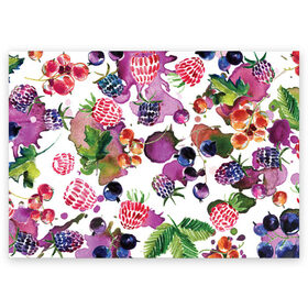 Поздравительная открытка с принтом Ягоды в Новосибирске, 100% бумага | плотность бумаги 280 г/м2, матовая, на обратной стороне линовка и место для марки
 | арт | зеленый | краска | краски | красный | листок | листья | малина | пятна | пятна краски | растение | рисунок | синий | тёмный | фиолетовый | чёрная малина | черника