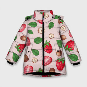 Зимняя куртка для девочек 3D с принтом Клубника с фундуком в Новосибирске, ткань верха — 100% полиэстер; подклад — 100% полиэстер, утеплитель — 100% полиэстер. | длина ниже бедра, удлиненная спинка, воротник стойка и отстегивающийся капюшон. Есть боковые карманы с листочкой на кнопках, утяжки по низу изделия и внутренний карман на молнии. 

Предусмотрены светоотражающий принт на спинке, радужный светоотражающий элемент на пуллере молнии и на резинке для утяжки. | Тематика изображения на принте: 