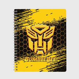 Тетрадь с принтом Bumblebee в Новосибирске, 100% бумага | 48 листов, плотность листов — 60 г/м2, плотность картонной обложки — 250 г/м2. Листы скреплены сбоку удобной пружинной спиралью. Уголки страниц и обложки скругленные. Цвет линий — светло-серый
 | bumblebee | автобот разведчик | автоботы | бамблби | боевик | кино | кино трансформеры | персонаж вселенной трансформеров | приключения | трансформеры | фантастика | фильмы