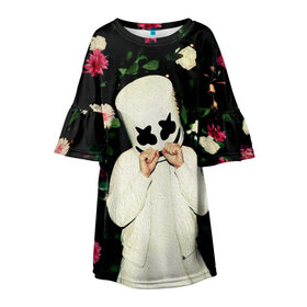 Детское платье 3D с принтом MARSHMELLO в Новосибирске, 100% полиэстер | прямой силуэт, чуть расширенный к низу. Круглая горловина, на рукавах — воланы | fortnite | marshmallo | marshmallow | marshmello | marshmellow | маршмелло | маршмеллоу | розы | фортнайт