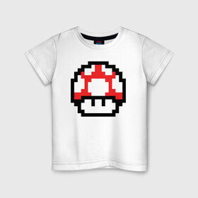 Детская футболка хлопок с принтом Гриб Марио в Новосибирске, 100% хлопок | круглый вырез горловины, полуприлегающий силуэт, длина до линии бедер | 8 bit | 8 бит | 8bit | 8бит | art | dendy | mario | mushroom | pixel | super | арт | гриб | денди | марио | пиксель | супер