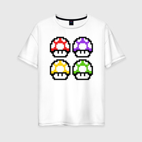 Женская футболка хлопок Oversize с принтом Грибы Марио в Новосибирске, 100% хлопок | свободный крой, круглый ворот, спущенный рукав, длина до линии бедер
 | 8 bit | 8 бит | 8bit | 8бит | art | dendy | mario | mushroom | pixel | super | арт | гриб | денди | марио | пиксель | супер