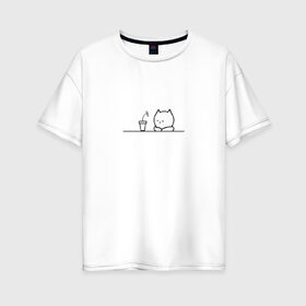 Женская футболка хлопок Oversize с принтом Кот и цветок в Новосибирске, 100% хлопок | свободный крой, круглый ворот, спущенный рукав, длина до линии бедер
 | cat | животные | кот | котик | кошка | милый | прикольная картинка | растения | цветы