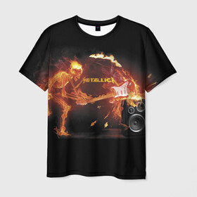 Мужская футболка 3D с принтом Metallica в Новосибирске, 100% полиэфир | прямой крой, круглый вырез горловины, длина до линии бедер | Тематика изображения на принте: fire | flame | guitar | metallica | music | rock | skeleton | skull | trashmetal | гитара | металлика | музыка | огонь | пламя | рок | скелет | череп