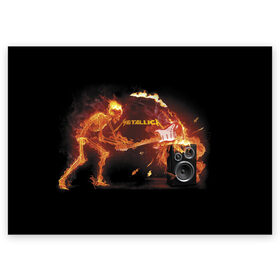 Поздравительная открытка с принтом Metallica в Новосибирске, 100% бумага | плотность бумаги 280 г/м2, матовая, на обратной стороне линовка и место для марки
 | Тематика изображения на принте: fire | flame | guitar | metallica | music | rock | skeleton | skull | trashmetal | гитара | металлика | музыка | огонь | пламя | рок | скелет | череп