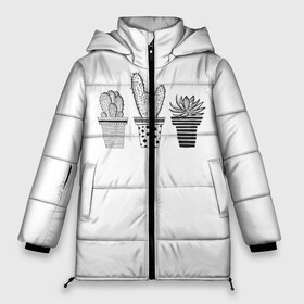 Женская зимняя куртка 3D с принтом кактусы в Новосибирске, верх — 100% полиэстер; подкладка — 100% полиэстер; утеплитель — 100% полиэстер | длина ниже бедра, силуэт Оверсайз. Есть воротник-стойка, отстегивающийся капюшон и ветрозащитная планка. 

Боковые карманы с листочкой на кнопках и внутренний карман на молнии | какиусики | кактус | кактусик | кактусы | кактусы в горшках | милые кактусы | минимализм | три кактуса | чб