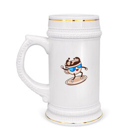 Кружка пивная с принтом На Кофейной Волне в Новосибирске,  керамика (Материал выдерживает высокую температуру, стоит избегать резкого перепада температур) |  объем 630 мл | Тематика изображения на принте: coffee | surfer | блюдце | еда | кофе | на кофейной волне | серфер | чашка в очках | чашка кофе