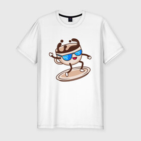Мужская футболка хлопок Slim с принтом На Кофейной Волне в Новосибирске, 92% хлопок, 8% лайкра | приталенный силуэт, круглый вырез ворота, длина до линии бедра, короткий рукав | Тематика изображения на принте: coffee | surfer | блюдце | еда | кофе | на кофейной волне | серфер | чашка в очках | чашка кофе