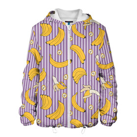 Мужская куртка 3D с принтом Бананчики в Новосибирске, ткань верха — 100% полиэстер, подклад — флис | прямой крой, подол и капюшон оформлены резинкой с фиксаторами, два кармана без застежек по бокам, один большой потайной карман на груди. Карман на груди застегивается на липучку | banana | pattern | pattern banana | банан | банана | банановый паттерн | бананчик | бананчики | бананы | еда | паттерн | полоса | полосы | фрукт | фрукты