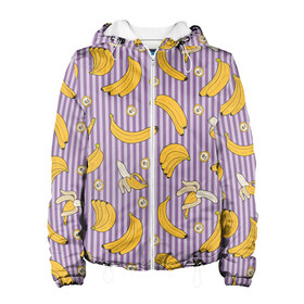 Женская куртка 3D с принтом Бананчики в Новосибирске, ткань верха — 100% полиэстер, подклад — флис | прямой крой, подол и капюшон оформлены резинкой с фиксаторами, два кармана без застежек по бокам, один большой потайной карман на груди. Карман на груди застегивается на липучку | banana | pattern | pattern banana | банан | банана | банановый паттерн | бананчик | бананчики | бананы | еда | паттерн | полоса | полосы | фрукт | фрукты