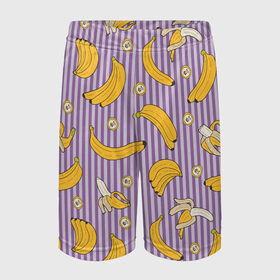 Детские спортивные шорты 3D с принтом Бананчики в Новосибирске,  100% полиэстер
 | пояс оформлен широкой мягкой резинкой, ткань тянется
 | banana | pattern | pattern banana | банан | банана | банановый паттерн | бананчик | бананчики | бананы | еда | паттерн | полоса | полосы | фрукт | фрукты