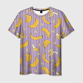 Мужская футболка 3D с принтом Бананчики в Новосибирске, 100% полиэфир | прямой крой, круглый вырез горловины, длина до линии бедер | banana | pattern | pattern banana | банан | банана | банановый паттерн | бананчик | бананчики | бананы | еда | паттерн | полоса | полосы | фрукт | фрукты