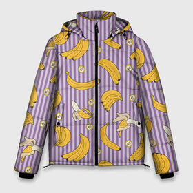 Мужская зимняя куртка 3D с принтом Бананчики в Новосибирске, верх — 100% полиэстер; подкладка — 100% полиэстер; утеплитель — 100% полиэстер | длина ниже бедра, свободный силуэт Оверсайз. Есть воротник-стойка, отстегивающийся капюшон и ветрозащитная планка. 

Боковые карманы с листочкой на кнопках и внутренний карман на молнии. | Тематика изображения на принте: banana | pattern | pattern banana | банан | банана | банановый паттерн | бананчик | бананчики | бананы | еда | паттерн | полоса | полосы | фрукт | фрукты