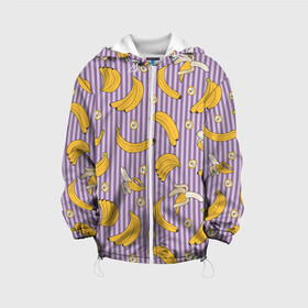 Детская куртка 3D с принтом Бананчики в Новосибирске, 100% полиэстер | застежка — молния, подол и капюшон оформлены резинкой с фиксаторами, по бокам — два кармана без застежек, один потайной карман на груди, плотность верхнего слоя — 90 г/м2; плотность флисового подклада — 260 г/м2 | Тематика изображения на принте: banana | pattern | pattern banana | банан | банана | банановый паттерн | бананчик | бананчики | бананы | еда | паттерн | полоса | полосы | фрукт | фрукты