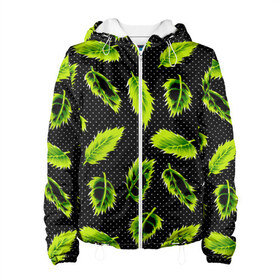 Женская куртка 3D с принтом Зеленые листья в Новосибирске, ткань верха — 100% полиэстер, подклад — флис | прямой крой, подол и капюшон оформлены резинкой с фиксаторами, два кармана без застежек по бокам, один большой потайной карман на груди. Карман на груди застегивается на липучку | defoliation | foliage | leaves | retro | зеленые листья | зелень | лето | листопад | листья | листья деревьев | ночь | паттерн | ретро