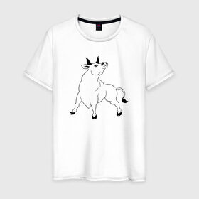 Мужская футболка хлопок с принтом Белый Бык в Новосибирске, 100% хлопок | прямой крой, круглый вырез горловины, длина до линии бедер, слегка спущенное плечо. | animals | new year | winter | арт | боевой | буйвол | бык | бычок | взгляд | дикий | животные | звери | зима | знак зодиака | зодиак | корова | лошадь | минимализм | мультяшный | мускулы | новый год | подарок | рисунок