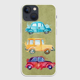 Чехол для iPhone 13 mini с принтом три милые машинки в Новосибирске,  |  | акварель | иллюстрация | машинки | машины | ретро