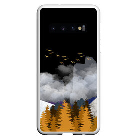Чехол для Samsung Galaxy S10 с принтом Лес в Новосибирске, Силикон | Область печати: задняя сторона чехла, без боковых панелей | Тематика изображения на принте: горы | елки | осень | путешествие | скалы | туман