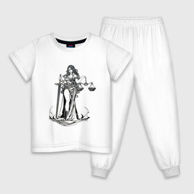 Детская пижама хлопок с принтом Фемида светлая в Новосибирске, 100% хлопок |  брюки и футболка прямого кроя, без карманов, на брюках мягкая резинка на поясе и по низу штанин
 | Тематика изображения на принте: богиня | весы | меч | правосудие | фемида