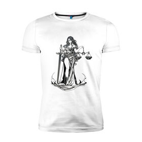 Мужская футболка хлопок Slim с принтом Фемида светлая в Новосибирске, 92% хлопок, 8% лайкра | приталенный силуэт, круглый вырез ворота, длина до линии бедра, короткий рукав | богиня | весы | меч | правосудие | фемида