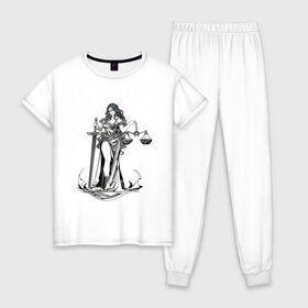 Женская пижама хлопок с принтом Фемида светлая в Новосибирске, 100% хлопок | брюки и футболка прямого кроя, без карманов, на брюках мягкая резинка на поясе и по низу штанин | Тематика изображения на принте: богиня | весы | меч | правосудие | фемида