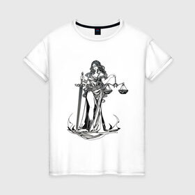 Женская футболка хлопок с принтом Фемида светлая в Новосибирске, 100% хлопок | прямой крой, круглый вырез горловины, длина до линии бедер, слегка спущенное плечо | богиня | весы | меч | правосудие | фемида