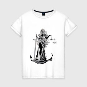 Женская футболка хлопок с принтом Фемида темная в Новосибирске, 100% хлопок | прямой крой, круглый вырез горловины, длина до линии бедер, слегка спущенное плечо | богиня | весы | меч | правосудие | фемида