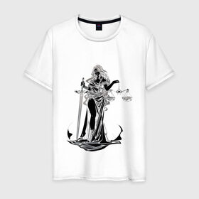 Мужская футболка хлопок с принтом Фемида темная в Новосибирске, 100% хлопок | прямой крой, круглый вырез горловины, длина до линии бедер, слегка спущенное плечо. | богиня | весы | меч | правосудие | фемида