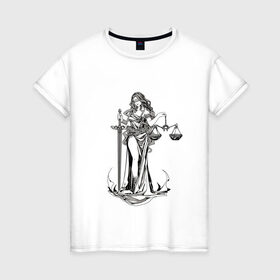 Женская футболка хлопок с принтом Фемида двухсторонняя в Новосибирске, 100% хлопок | прямой крой, круглый вырез горловины, длина до линии бедер, слегка спущенное плечо | богиня | весы | меч | правосудие | фемида