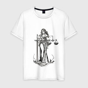 Мужская футболка хлопок с принтом Фемида двухсторонняя в Новосибирске, 100% хлопок | прямой крой, круглый вырез горловины, длина до линии бедер, слегка спущенное плечо. | богиня | весы | меч | правосудие | фемида