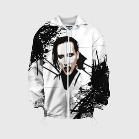 Детская куртка 3D с принтом Marilyn Manson в Новосибирске, 100% полиэстер | застежка — молния, подол и капюшон оформлены резинкой с фиксаторами, по бокам — два кармана без застежек, один потайной карман на груди, плотность верхнего слоя — 90 г/м2; плотность флисового подклада — 260 г/м2 | Тематика изображения на принте: marilyn manson | nothing records | известность | музыка | рок группа