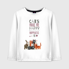 Детский лонгслив хлопок с принтом Кошки делают меня счастливым в Новосибирске, 100% хлопок | круглый вырез горловины, полуприлегающий силуэт, длина до линии бедер | cat | cats | cats make me happy | happiness is | kitty | животное | животные | звери | зверь | кот | коты | котята | котятки | кошки | кошки делают меня счастливым | мур | надпись | сердечко | сердце | хищники