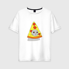 Женская футболка хлопок Oversize с принтом Кот и пицца в Новосибирске, 100% хлопок | свободный крой, круглый ворот, спущенный рукав, длина до линии бедер
 | еда | животные | кот | кот в пицце | котик | кошка | мем | прикол | смешной | юмор