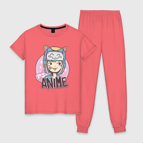 Женская пижама хлопок с принтом Anime Girl в Новосибирске, 100% хлопок | брюки и футболка прямого кроя, без карманов, на брюках мягкая резинка на поясе и по низу штанин | cartoon | cat | cute | girls | japan | japanese | kawaii | kitty | manga | tsundere | waifu | yandere | аниме | анимэ | вайфу | дандере | девочка | девушка | дередере | кавайная | котик | манга | милая | мультик | мультики | цундере | яндере | 
