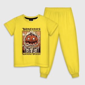 Детская пижама хлопок с принтом Bonfires Burning Bright в Новосибирске, 100% хлопок |  брюки и футболка прямого кроя, без карманов, на брюках мягкая резинка на поясе и по низу штанин
 | cosplay | halloween | horror | party | pumpkin | retro | scary | skeleton | trick or threat | вечеринка | горит | горят | конфета или жизнь | косплей | костры | монстр | огонь | пламя | пожар | пылает | ретро | скелет | страшная | тыква | хорр
