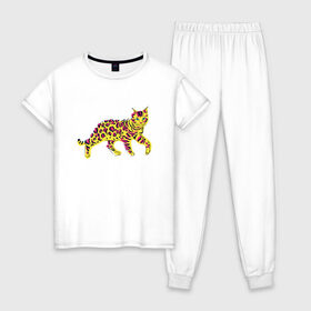 Женская пижама хлопок с принтом Бенгальский кот в Новосибирске, 100% хлопок | брюки и футболка прямого кроя, без карманов, на брюках мягкая резинка на поясе и по низу штанин | Тематика изображения на принте: bengal | cat | color | colorful | kitten | kitty | puss | pussycat | tiger | vivid | бенгал | бенгальская | грация | киса | киска | кот | котенок | котик | кошатник | кошатница | кошка | леопард | леопардовая | люблю котов | малайзия
