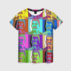 Женская футболка 3D с принтом Stalin pop-art в Новосибирске, 100% полиэфир ( синтетическое хлопкоподобное полотно) | прямой крой, круглый вырез горловины, длина до линии бедер | chief | color | eyes | moustache | pop art | stalin | view | взгляд | вождь | глаза | поп  арт | сталин | усы | цвет