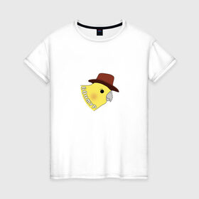 Женская футболка хлопок с принтом Бонжур в Новосибирске, 100% хлопок | прямой крой, круглый вырез горловины, длина до линии бедер, слегка спущенное плечо | Тематика изображения на принте: mem | бонжур | мем | попугай | попугай в шляпе | прикол | птица | стикер | юмор