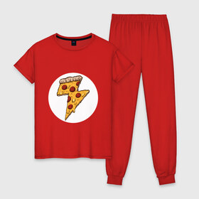 Женская пижама хлопок с принтом PIZZA-HERO в Новосибирске, 100% хлопок | брюки и футболка прямого кроя, без карманов, на брюках мягкая резинка на поясе и по низу штанин | flash | food | hero | pizza | shaldon | еда | коммиксы | молния | пиццабгерой | фастфуд. | флэш | шелдон