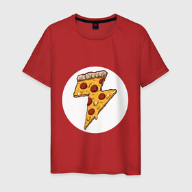 Мужская футболка хлопок с принтом PIZZA-HERO в Новосибирске, 100% хлопок | прямой крой, круглый вырез горловины, длина до линии бедер, слегка спущенное плечо. | flash | food | hero | pizza | shaldon | еда | коммиксы | молния | пиццабгерой | фастфуд. | флэш | шелдон
