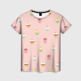 Женская футболка 3D с принтом Кексики в Новосибирске, 100% полиэфир ( синтетическое хлопкоподобное полотно) | прямой крой, круглый вырез горловины, длина до линии бедер | арт | выпечка | глазурь | еда | кекс | кексики | кексы | начинка | нежные цвета | рисунок | розовый | сладости | сладость