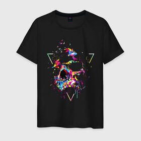 Мужская футболка хлопок с принтом Skull в Новосибирске, 100% хлопок | прямой крой, круглый вырез горловины, длина до линии бедер, слегка спущенное плечо. | bird | blot | color | neon | paint | skull | triangle | клякса | краска | неон | птица | треугольник | цвет | череп