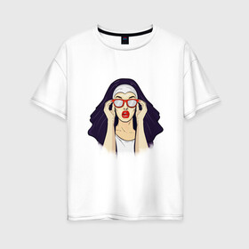 Женская футболка хлопок Oversize с принтом Монашка в Новосибирске, 100% хлопок | свободный крой, круглый ворот, спущенный рукав, длина до линии бедер
 | губы | женщина | иллюстрация | монашка | очки | язык