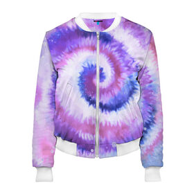 Женский бомбер 3D с принтом TIE-DYE PURPLE в Новосибирске, 100% полиэстер | застегивается на молнию, по бокам два кармана без застежек, мягкие манжеты, по низу бомбера и на воротнике — эластичная резинка | Тематика изображения на принте: dye | multicolor | tie | trend | акварель | брызги | градиент | дай | колор | краски | красочная | мульти | потёки | пятна | радуга | радужная | тай | тайдай | текстура | тренд | хиппи