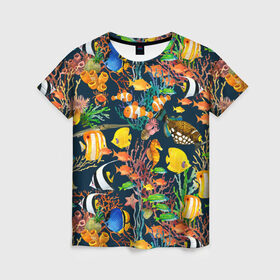 Женская футболка 3D с принтом Морской мир в Новосибирске, 100% полиэфир ( синтетическое хлопкоподобное полотно) | прямой крой, круглый вырез горловины, длина до линии бедер | абстракция | аквариум | вода | водный мир | линия | море | нейтральная | океан | рыба | рыбки | рыбы | текстуры | узоры