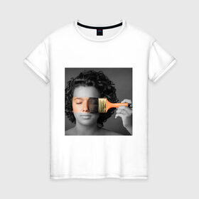 Женская футболка хлопок с принтом портрет в Новосибирске, 100% хлопок | прямой крой, круглый вырез горловины, длина до линии бедер, слегка спущенное плечо | девушка | искусство | краска | полоса | портрет