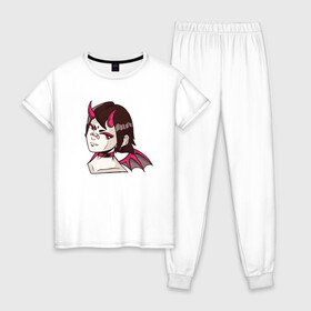 Женская пижама хлопок с принтом Девочка демон в Новосибирске, 100% хлопок | брюки и футболка прямого кроя, без карманов, на брюках мягкая резинка на поясе и по низу штанин | cartoon | cat | cute | girls | japan | japanese | kawaii | kitty | manga | tsundere | waifu | yandere | аниме | анимэ | вайфу | дандере | девочка | девушка | демон | кавайная | котик | манга | мультик | мультики | рога | цундере | яндере | япон
