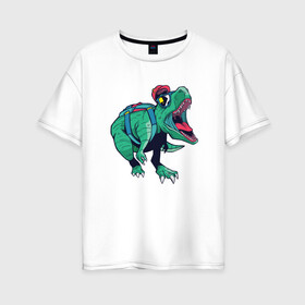 Женская футболка хлопок Oversize с принтом Крутой динозавр в Новосибирске, 100% хлопок | свободный крой, круглый ворот, спущенный рукав, длина до линии бедер
 | dino | dinosaur | rex | t rex | tourism | tourist | tyrannosaur | в кепке | в очках | в школу | дино | орет | очки | палеонтология | пасть | рычит | рэкс | с рюкзаком | ти рекс | тираннозавр | тиранозавр | тирекс | туризм | турис