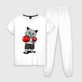 Женская пижама хлопок с принтом БоксерКотэ в Новосибирске, 100% хлопок | брюки и футболка прямого кроя, без карманов, на брюках мягкая резинка на поясе и по низу штанин | бокс | домашние животные | кот | кошки | спортсмену | юмор