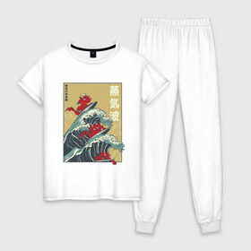 Женская пижама хлопок с принтом Dragons Surfing в Новосибирске, 100% хлопок | брюки и футболка прямого кроя, без карманов, на брюках мягкая резинка на поясе и по низу штанин | Тематика изображения на принте: big | great | hokusai | japan | japanese | kanagawa | kanji | retrowave | style | wave | большая | вапорвейв | великая | волна | дракон | дракончики | драконы | иероглифы | канагава | кандзи | паровая волна | ретровейв | серф | серфиг | стил